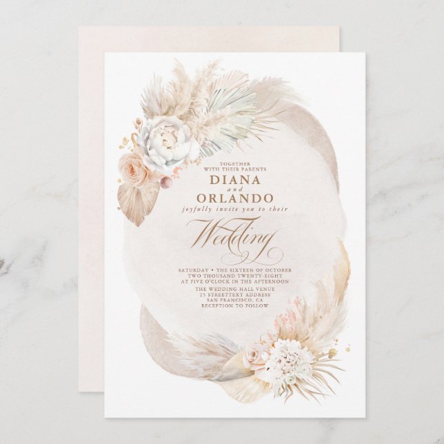 Soft Pastel Cream and Ivory Floral Boho Wedding Invitation (Front/Back)