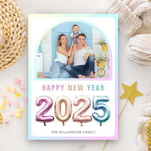 Soft Pastel Cute 2025 Balloon Happy New Year Photo Holiday Card