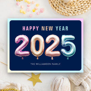Soft Pastel Cute 2025 Balloons Blue Happy New Year Holiday Card