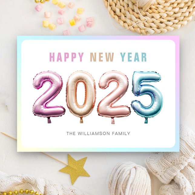 Soft Pastel Cute 2025 Balloons Happy New Year Holiday Card (Creator Uploaded)