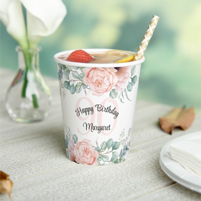 Soft Pastel Floral 90th Birthday Celebration Paper Cups (Insitu)