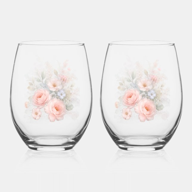 Soft Pastel Floral Bouquet Stemless Wine Glass (Front)
