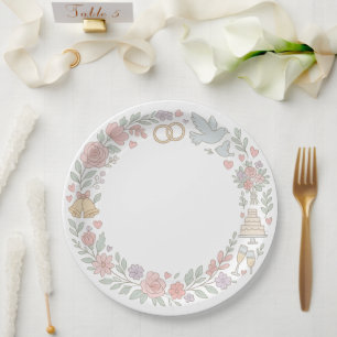Soft Pastel Floral Ornamental Wedding Wreath Roses Paper Plate