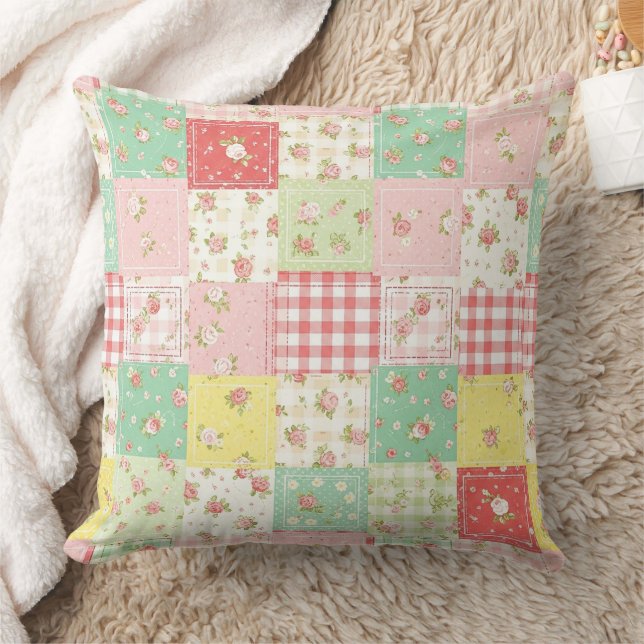 Soft Pastel Floral Patchwork Gingham Check Cushion (Blanket)