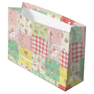 Soft Pastel Floral Patchwork Gingham Check Large Gift Bag