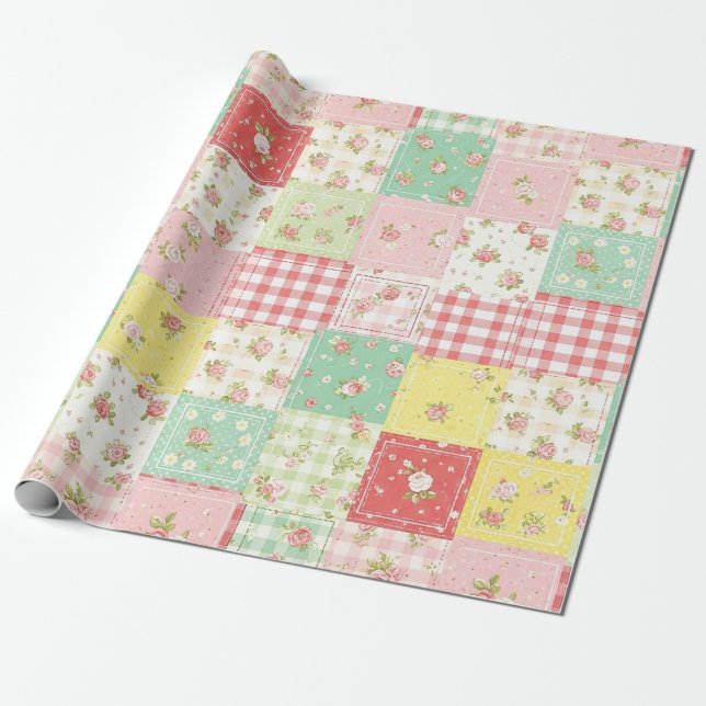 Soft Pastel Floral Patchwork Gingham Check Wrapping Paper (Unrolled)