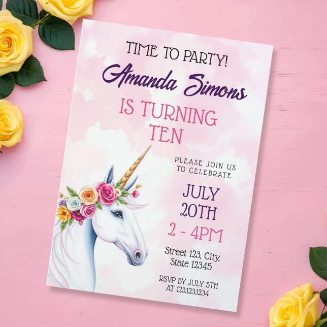 Soft Pastel Floral Unicorn Fantasy 10th Birthday Invitation (Creator Uploaded)