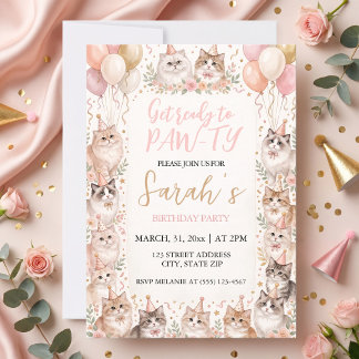 Soft Pastel Floral & Watercolor Kittens Birthday  Invitation