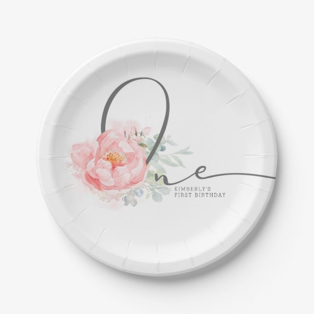 Soft Pastel Flower Elegant Script 1st Birthday Pap Paper Plate (Front)