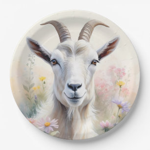 Soft Pastel Flower Field Goat Portrait Paper Plate