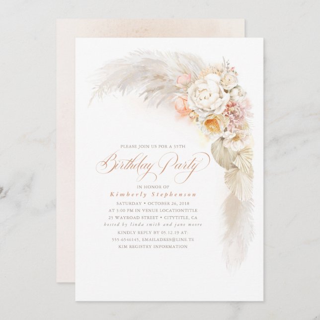 Soft Pastel Flowers and Pampas Grass Boho Birthday Invitation (Front/Back)