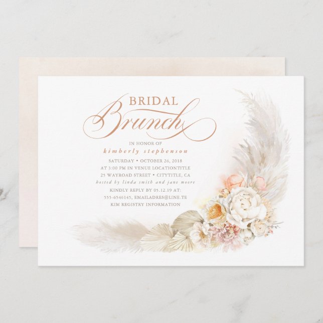 Soft Pastel Flowers and Pampas Grass Bridal Brunch Invitation (Front/Back)