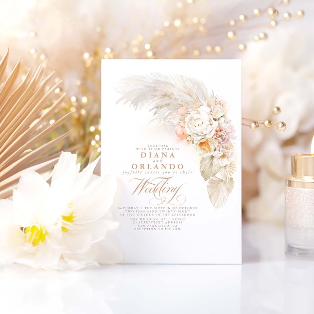 Soft Pastel Flowers Botanical Pampas Grass Wedding Invitation (Boho Exotic Wedding Invitations)