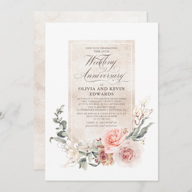 Soft Pastel Flowers Elegant Wedding Anniversary Invitation (Front/Back)