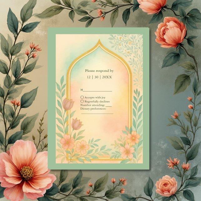 Soft Pastel Gold Floral Arch Wedding RSVP Card (Creator Uploaded)