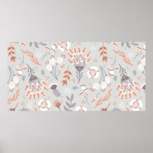Soft Pastel Grey Orange Floral, Seamless Pattern,  Poster