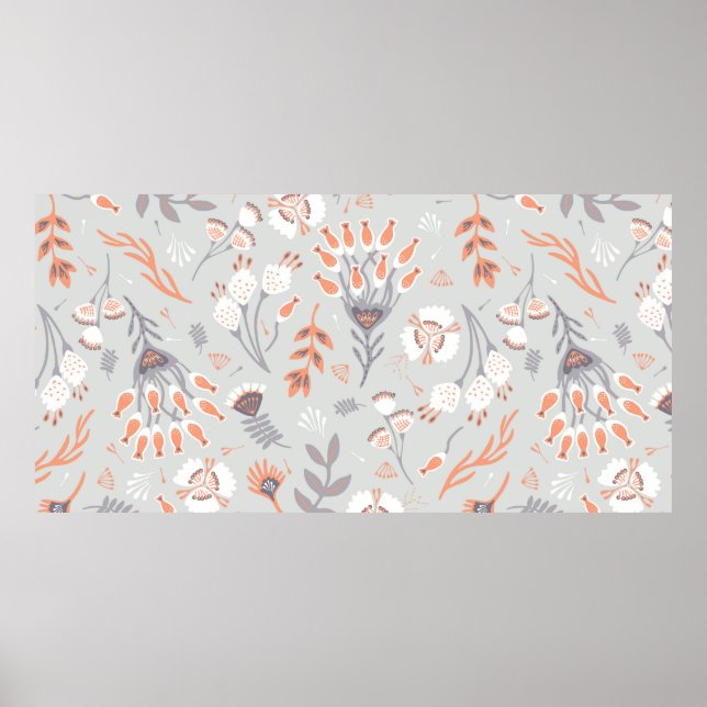 Soft Pastel Grey Orange Floral, Seamless Pattern,  Poster (Front)