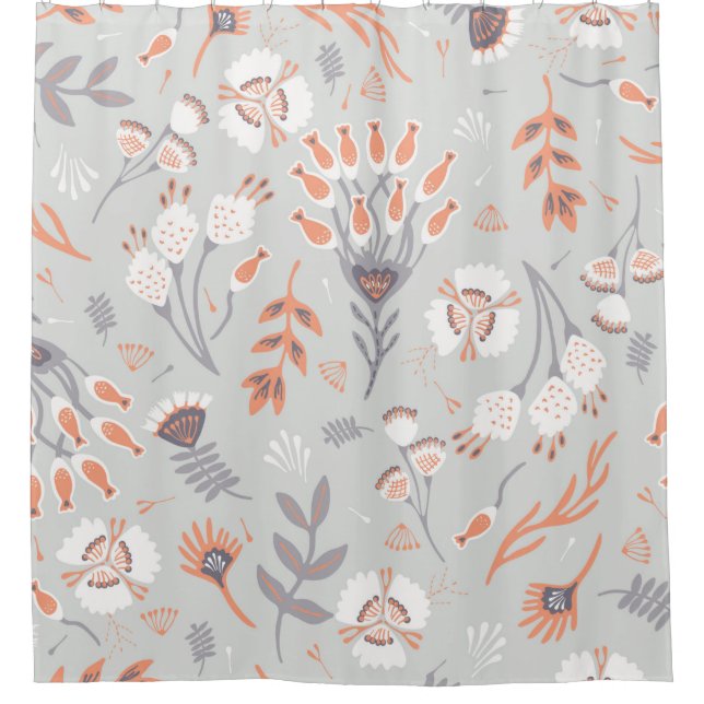Soft Pastel Grey Orange Floral, Seamless Pattern,  Shower Curtain (Front)