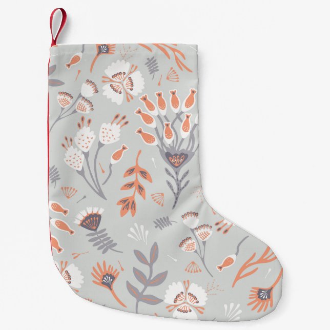 Soft Pastel Grey Orange Floral, Seamless Pattern,  Small Christmas Stocking (Front)
