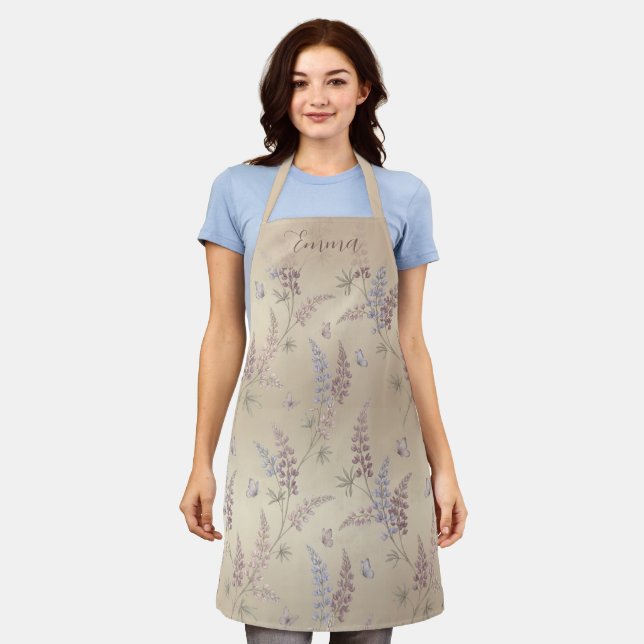 Soft Pastel Lupine & Butterfly Meadow Pattern Apron (Worn)