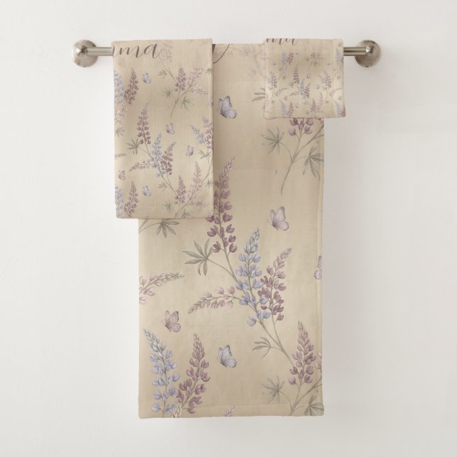 Soft Pastel Lupine & Butterfly Meadow Pattern Bath Towel Set (Insitu)