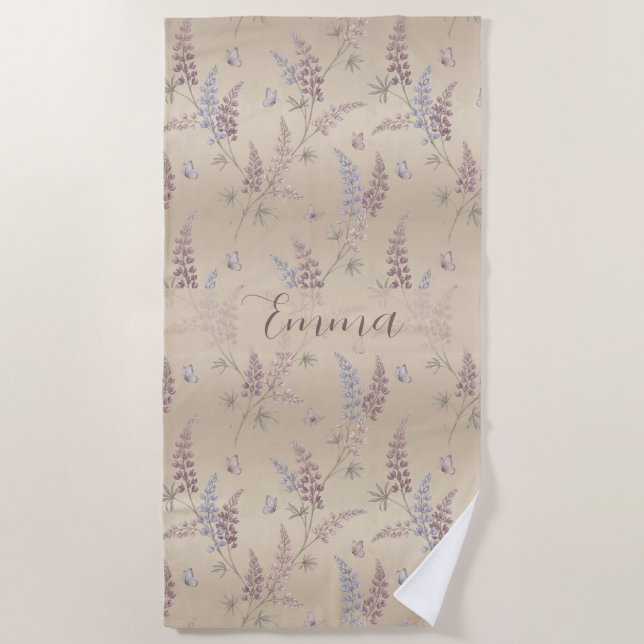 Soft Pastel Lupine & Butterfly Meadow Pattern Beach Towel (Front)