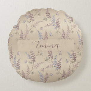 Soft Pastel Lupine & Butterfly Meadow Pattern Round Cushion
