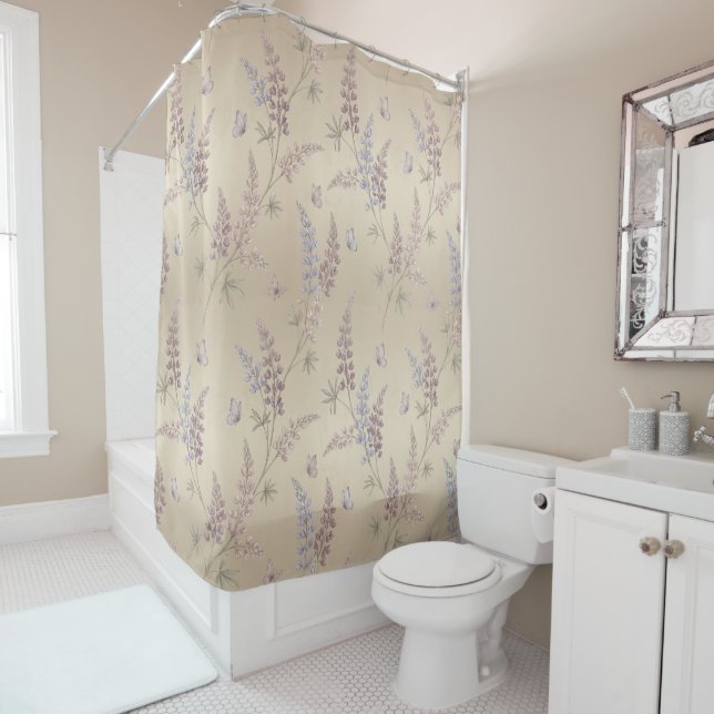 Soft Pastel Lupine & Butterfly Meadow Pattern Shower Curtain (In Situ)