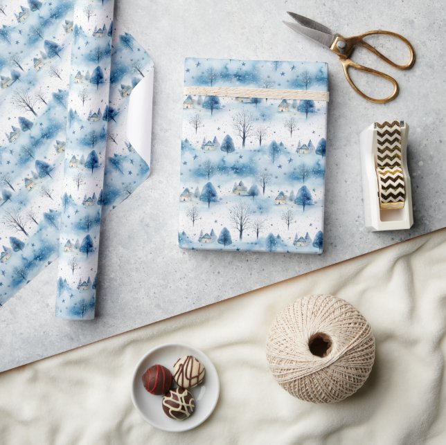 Soft pastel navy blue winter scene village wrapping paper (Crafts)
