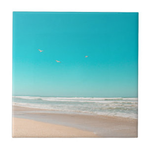 Soft Pastel Ocean Sandy Beach Sky Flying Seagulls Tile
