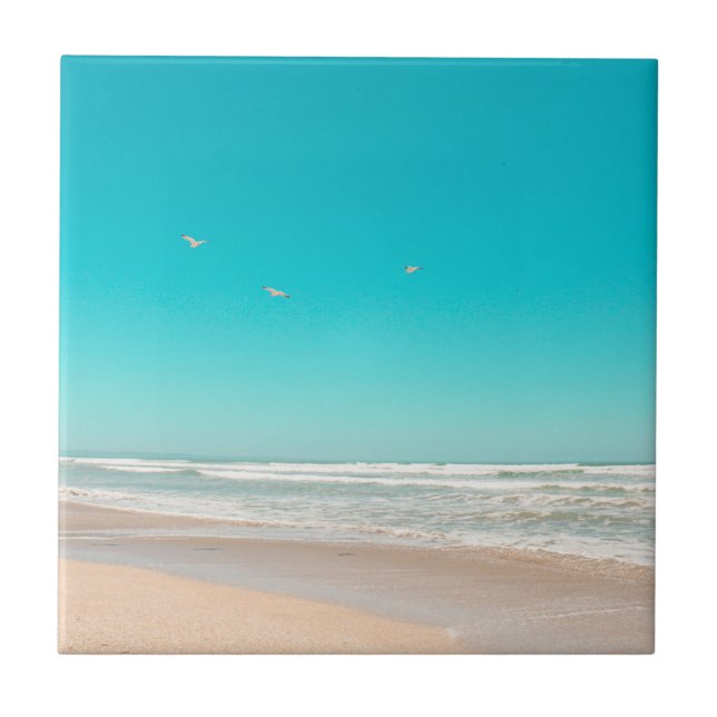 Soft Pastel Ocean Sandy Beach Sky Flying Seagulls Tile (Front)