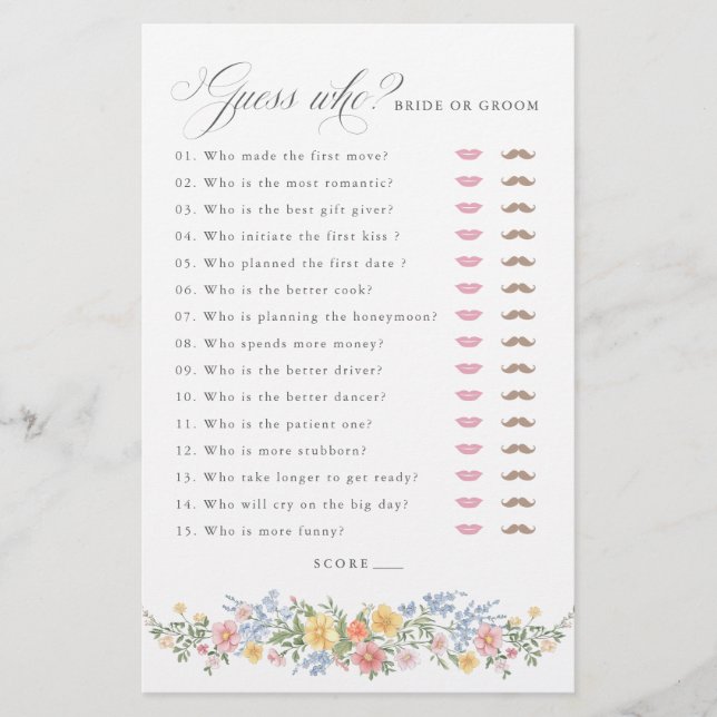 Soft Pastel Ornate Spring chic Bridal Shower Game (Front)