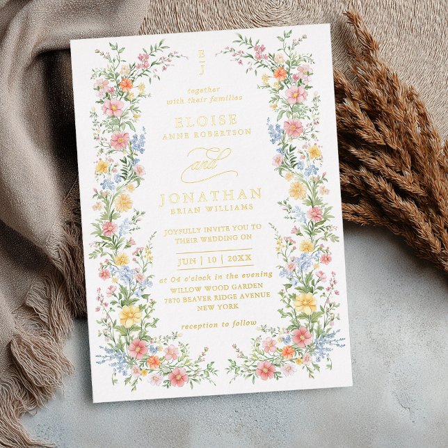 Soft Pastel Ornate Spring Floral QR Code Wedding  (Soft Pastel Ornate Spring Floral QR Code Wedding gold Foil Invitation)