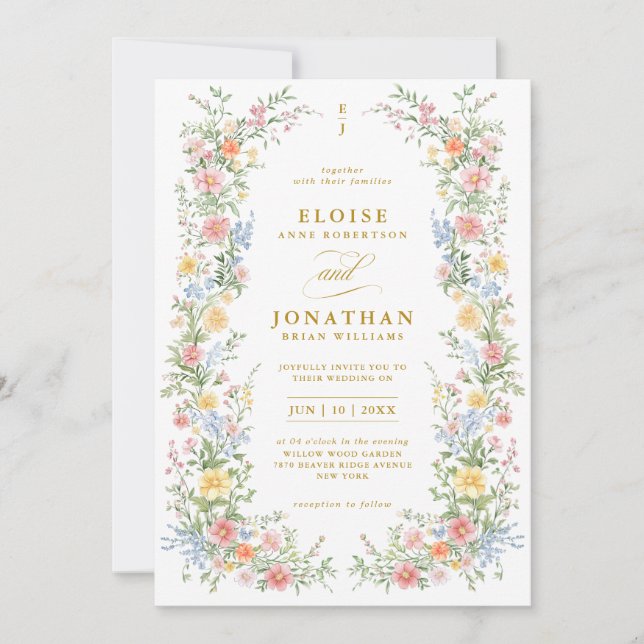 Soft Pastel Ornate Spring Floral QR Code Wedding Invitation (Front)