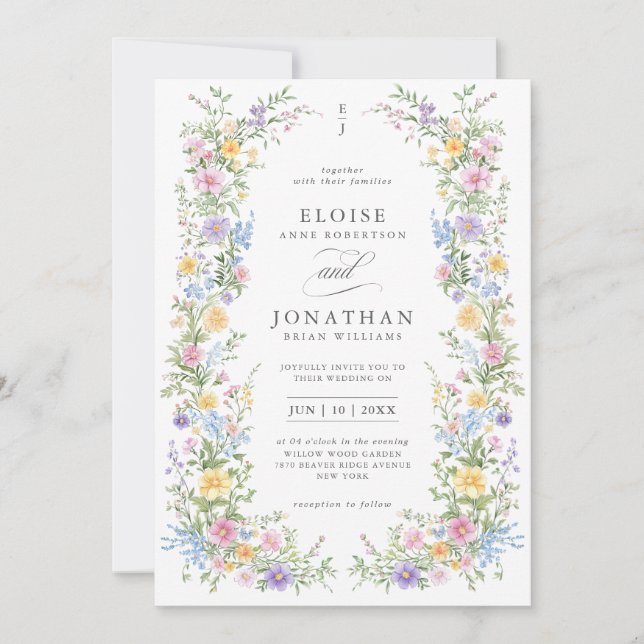 Soft Pastel Ornate Spring Floral QR Code Wedding Invitation (Front)