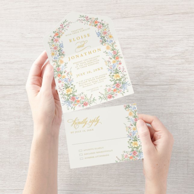 Soft Pastel Ornate Spring Garden Floral Wedding All In One Invitation (Tearaway)