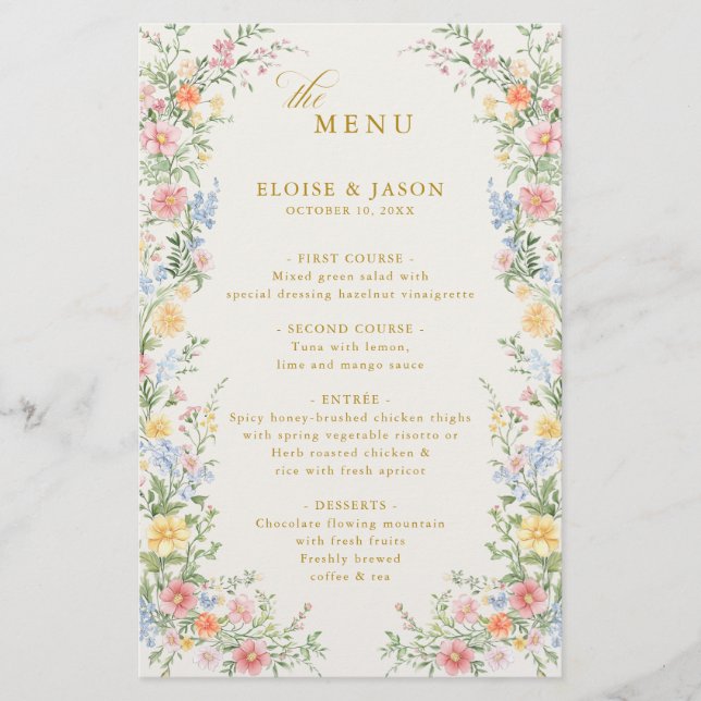 Soft Pastel Ornate Spring Garden Gold Wedding Menu (Front)