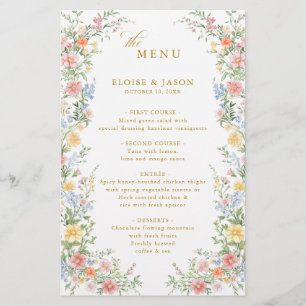 Soft Pastel Ornate Spring Garden Gold Wedding Menu