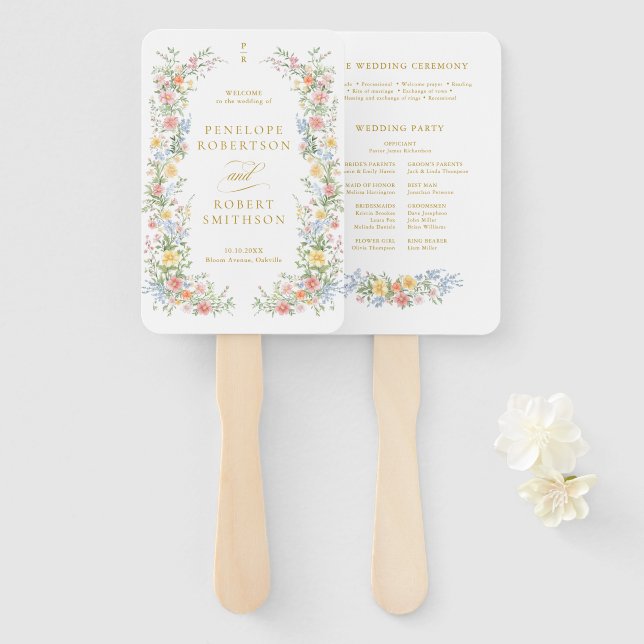 Soft Pastel Ornate Spring Gold Wedding Program Hand Fan (Front and Back)