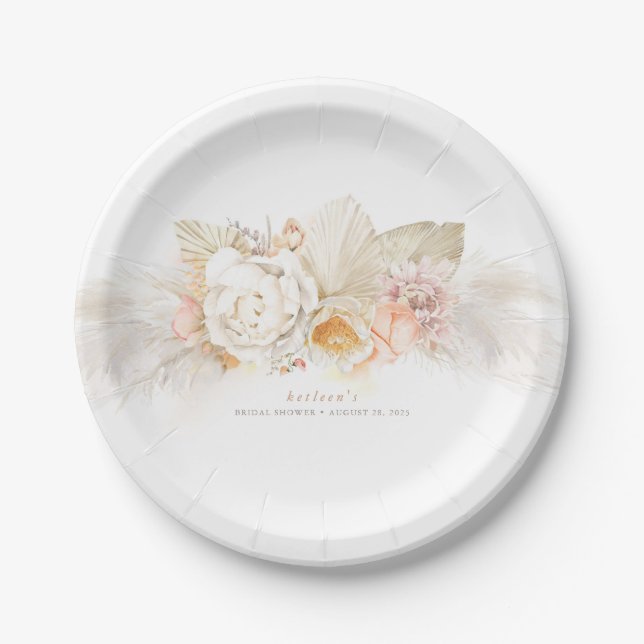 Soft Pastel Pampas Grass and Tender Flowers Paper Plate (Front)
