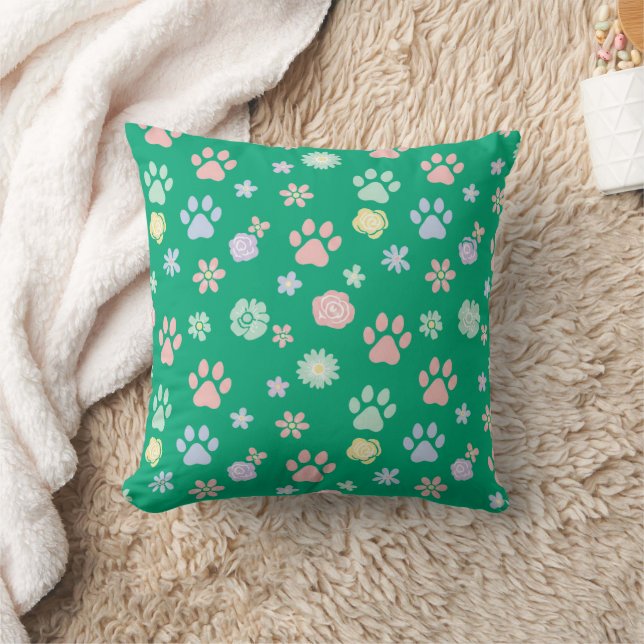 Soft Pastel Paw Prints and Flowers Pattern  Cushion (Blanket)
