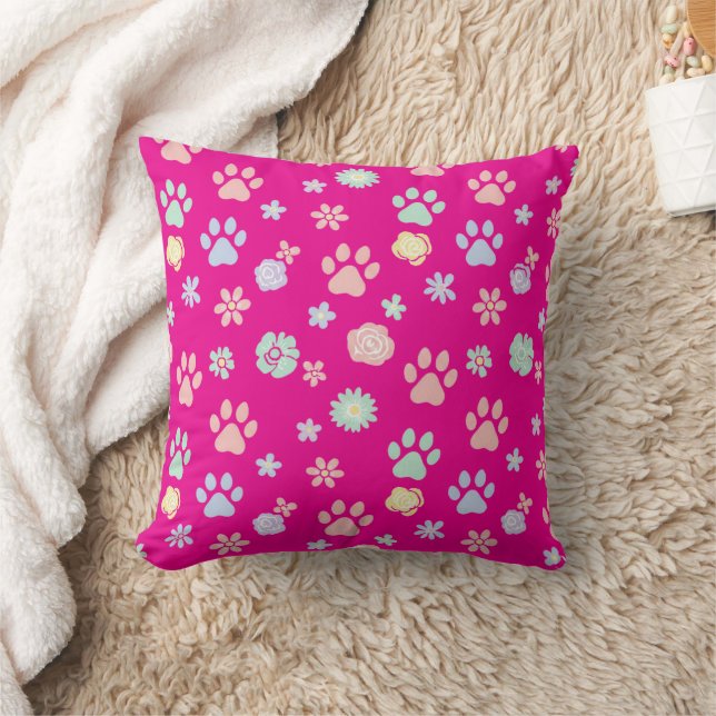 Soft Pastel Paw Prints and Flowers Pattern  Cushion (Blanket)