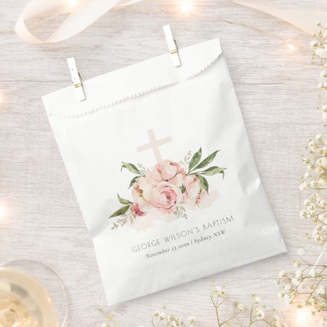 Soft Pastel Peach Rose Floral Cross Bunch Baptism Favour Bags (Clipped)