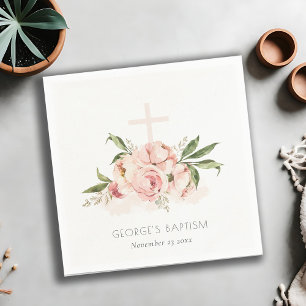 Soft Pastel Peach Rose Floral Cross Bunch Baptism Napkin