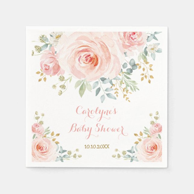 Soft Pastel Pink Blush Watercolor Rose Baby Shower Napkin (Front)