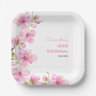 Soft Pastel Pink Cherry Blossom Sakura Birthday Paper Plate