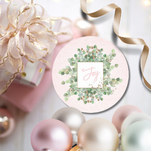Soft Pastel Pink Gold Eucalyptus Joy Holiday Gift  Classic Round Sticker