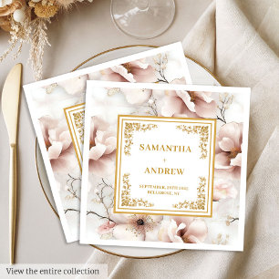 Soft pastel pink ivory gold boho floral wedding  napkin