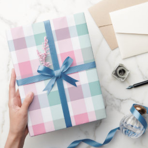 Soft Pastel Pink Mint Gingham White Plaid Pattern Wrapping Paper