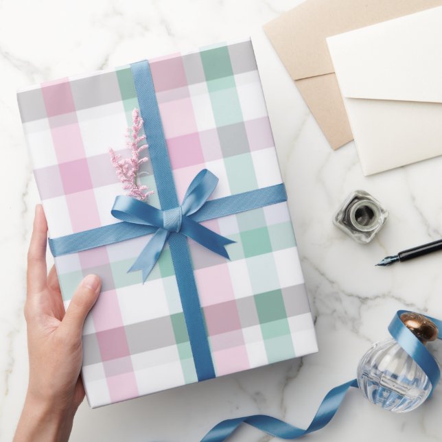 Soft Pastel Pink Mint Gingham White Plaid Pattern Wrapping Paper (Gifting)